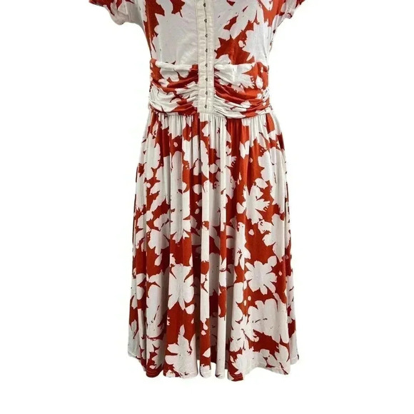 Anthropologie Maeve XS Summer Breeze Orange Off White Floral Dress Ruched Waist - Picture 6 of 15